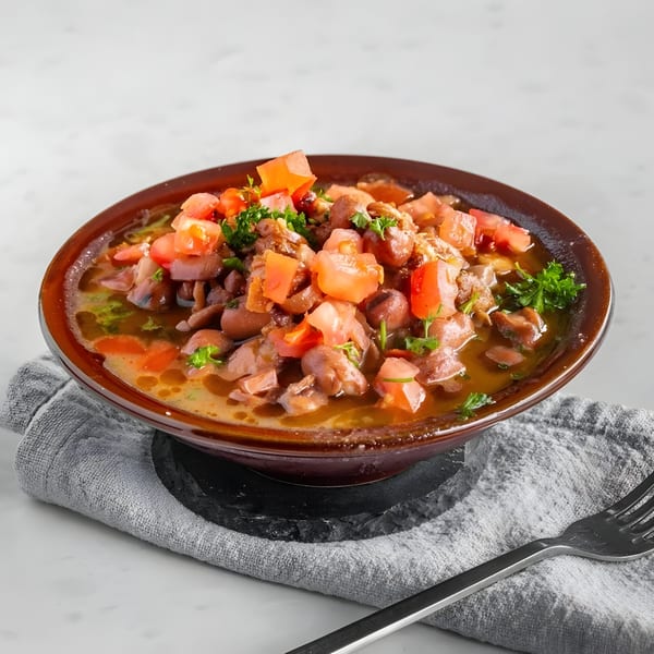 A bowl of Tarme Mediterranean Grill's Foul Mudammas, topped with diced tomatoes and fresh parsley.