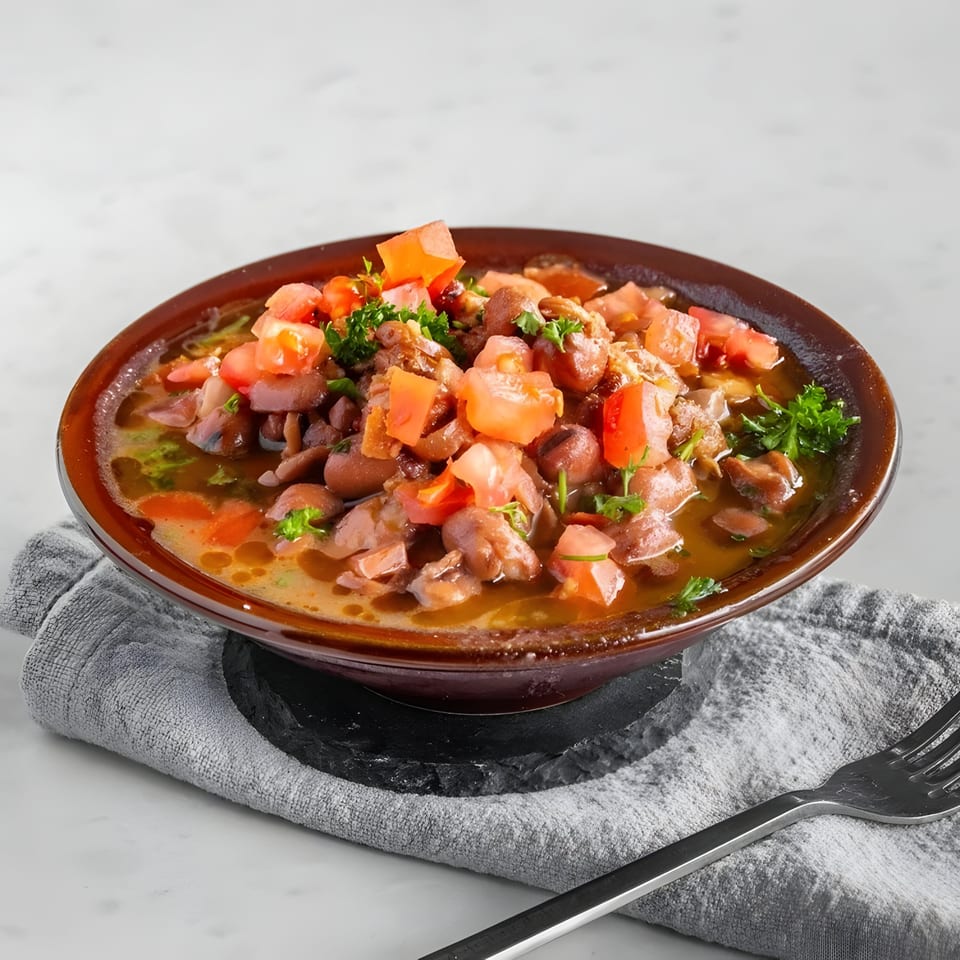 A bowl of Tarme Mediterranean Grill's Foul Mudammas, topped with diced tomatoes and fresh parsley.
