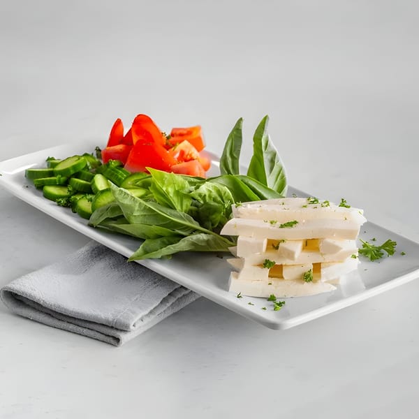 Mediterranean salad with sliced cucumbers, tomatoes, basil leaves, and stacked halloumi cheese on a white plate.