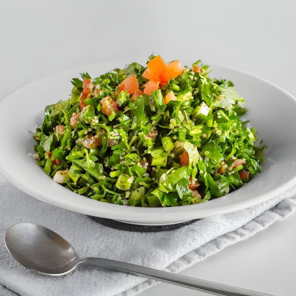 A white bowl filled with vibrant green tabbouleh salad, garnished with diced tomatoes, on a grey napkin.