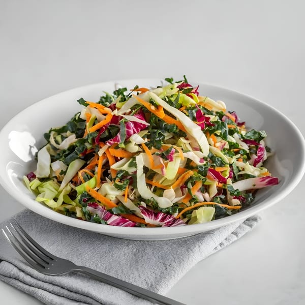 A vibrant Mediterranean salad with shredded cabbage, kale, carrots, and radicchio in a white bowl.